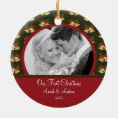 初めてのクリスマスの写真のオーナメントの結婚式の金ゴールド鐘 セラミックオーナメント (裏面)