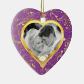 初めてのクリスマスの写真のオーナメントの金ゴールドのハートのマゼンタ セラミックオーナメント (右)