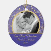 初めてのクリスマスの写真のオーナメントの金ゴールドの花の紫色 セラミックオーナメント (左)