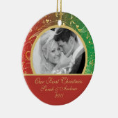 初めてのクリスマスの写真のオーナメントの金ゴールドの花の赤 セラミックオーナメント (右)