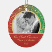 初めてのクリスマスの写真のオーナメントの金ゴールドの花の赤 セラミックオーナメント (左)