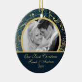 初めてのクリスマスの写真のオーナメントの金ゴールドの花の青 セラミックオーナメント (右)