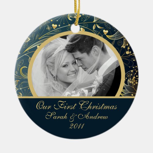 初めてのクリスマスの写真のオーナメントの金ゴールドの花の青 セラミックオーナメント (正面)