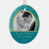 初めてのクリスマスの写真のオーナメントの金ゴールドの花の青 セラミックオーナメント (右)