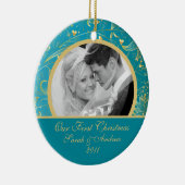 初めてのクリスマスの写真のオーナメントの金ゴールドの花の青 セラミックオーナメント (右)