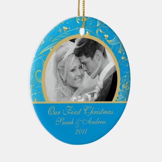 初めてのクリスマスの写真のオーナメントの金ゴールドの花の青 セラミックオーナメント (右)