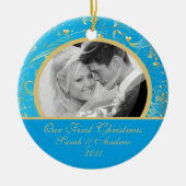 初めてのクリスマスの写真のオーナメントの金ゴールドの花の青 セラミックオーナメント (正面)