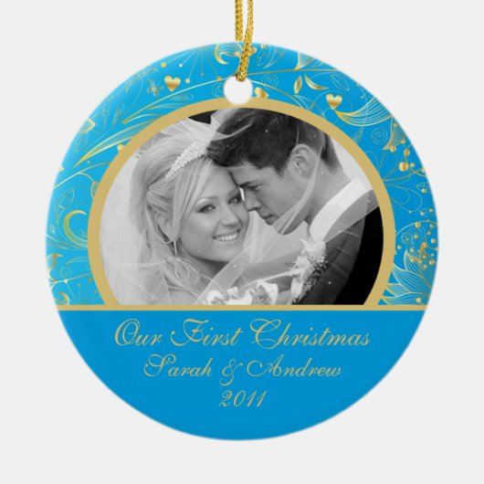 初めてのクリスマスの写真のオーナメントの金ゴールドの花の青 セラミックオーナメント (正面)