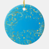初めてのクリスマスの写真のオーナメントの金ゴールドの花の青 セラミックオーナメント (裏面)