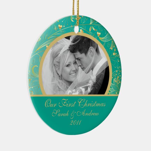 初めてのクリスマスの写真のオーナメントの金ゴールドの花柄のティール（緑がかった色） セラミックオーナメント (右)