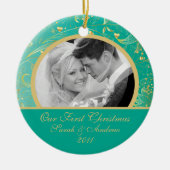 初めてのクリスマスの写真のオーナメントの金ゴールドの花柄のティール（緑がかった色） セラミックオーナメント (正面)