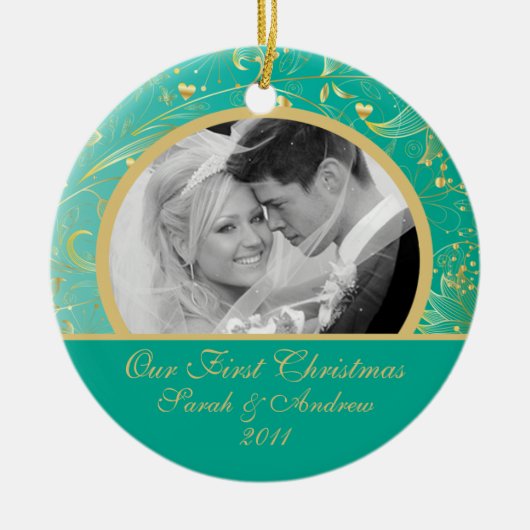 初めてのクリスマスの写真のオーナメントの金ゴールドの花柄のティール（緑がかった色） セラミックオーナメント (正面)