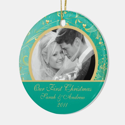 初めてのクリスマスの写真のオーナメントの金ゴールドの花柄のティール（緑がかった色） セラミックオーナメント (左)
