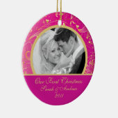 初めてのクリスマスの写真のオーナメントの金ゴールドの花柄のピンク セラミックオーナメント (右)