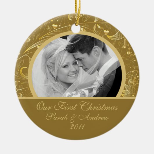 初めてのクリスマスの写真のオーナメントの金ゴールドの花柄 セラミックオーナメント (正面)