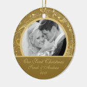 初めてのクリスマスの写真のオーナメントの金ゴールドの花柄 セラミックオーナメント (左)