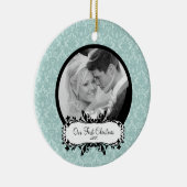 初めてのクリスマスの写真のオーナメントの青のダマスク織 セラミックオーナメント (右)