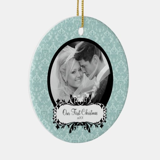 初めてのクリスマスの写真のオーナメントの青のダマスク織 セラミックオーナメント (右)