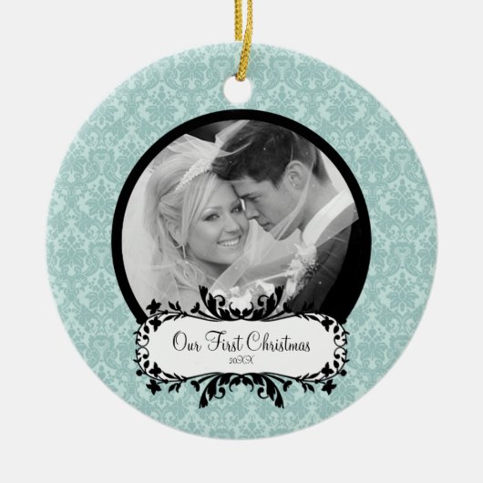 初めてのクリスマスの写真のオーナメントの青のダマスク織 セラミックオーナメント (正面)