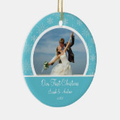 初めてのクリスマスの写真のオーナメントの青の雪片 セラミックオーナメント (右)