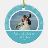 初めてのクリスマスの写真のオーナメントの青の雪片 セラミックオーナメント (正面)