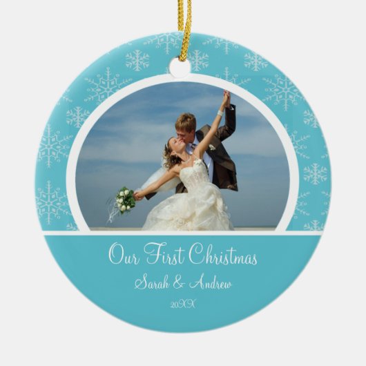 初めてのクリスマスの写真のオーナメントの青の雪片 セラミックオーナメント (正面)