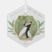 初めてのクリスマスの写真金ゴールド緑化 ガラスオーナメント (正面)