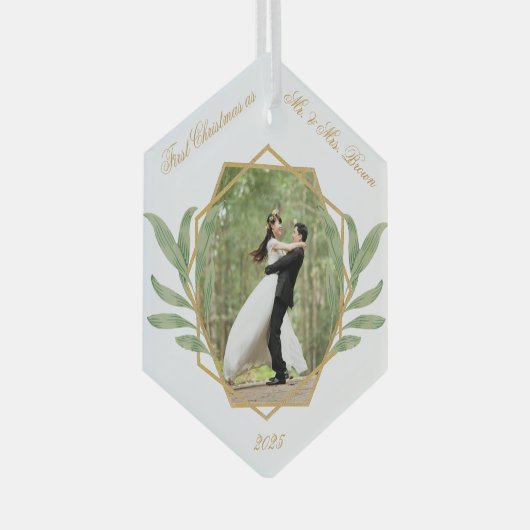 初めてのクリスマスの写真金ゴールド緑化 ガラスオーナメント (正面右)