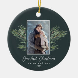 初めてのクリスマスの写真：Mr.Mr.Mrs.Pine Branch Photo セラミックオーナメント