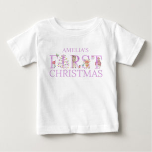初めてのクリスマスの可愛い動物と文字の女の子の名前 ベビーTシャツ