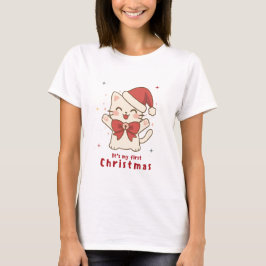 初めてのクリスマスの可愛い猫デザイン Tシャツ