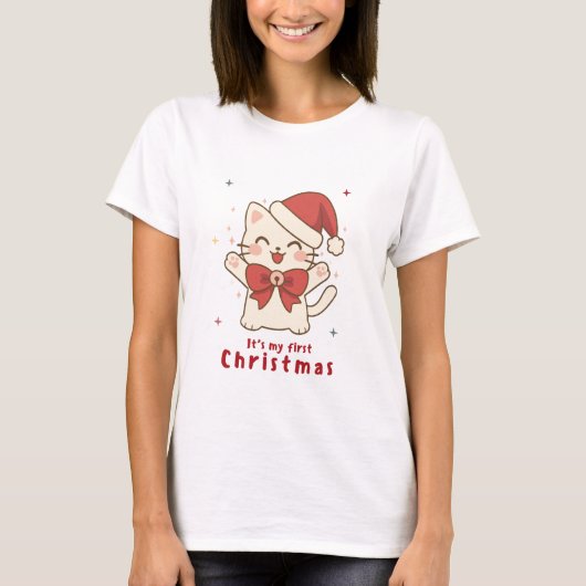 初めてのクリスマスの可愛い猫デザイン Tシャツ (正面)