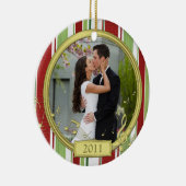 初めてのクリスマスの合ストライプ成のミュージックフォト セラミックオーナメント (右)
