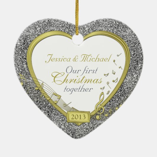 初めてのクリスマスの合成フォトハートクリスマス セラミックオーナメント (裏面)