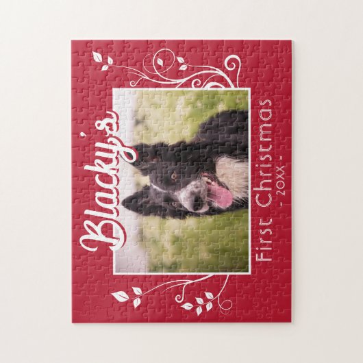 初めてのクリスマスの子犬の写真の葉赤 ジグソーパズル (縦)