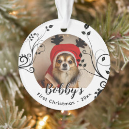 初めてのクリスマスの子犬 黒い葉っぱ 犬の名前 写真入り オーナメント