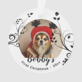 初めてのクリスマスの子犬 黒い葉っぱ 犬の名前 写真入り オーナメント (正面)