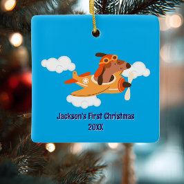 初めてのクリスマスの少年パイロット犬と飛行機と雲の面白いデザイン セラミックオーナメント