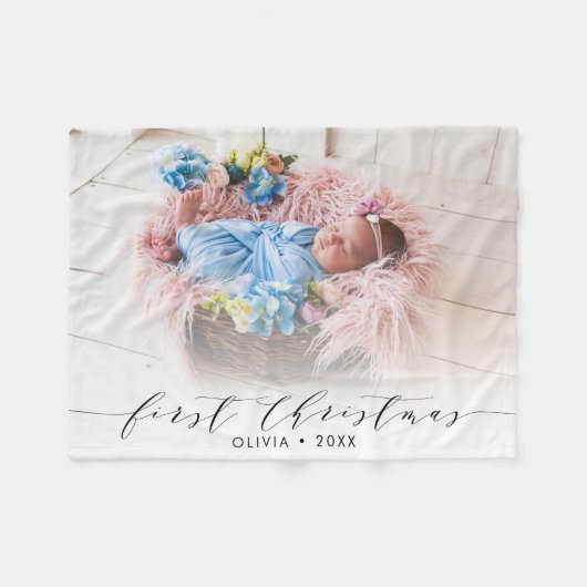 初めてのクリスマスの手レタリングモダン写真 フリースブランケット (正面(横))