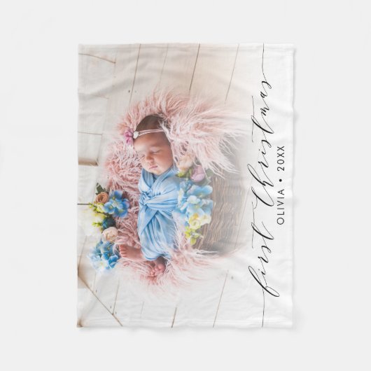 初めてのクリスマスの手レタリングモダン写真 フリースブランケット (正面)