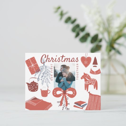 初めてのクリスマスの新しいカップルの写真の挨拶 ポストカード (スタンド正面)
