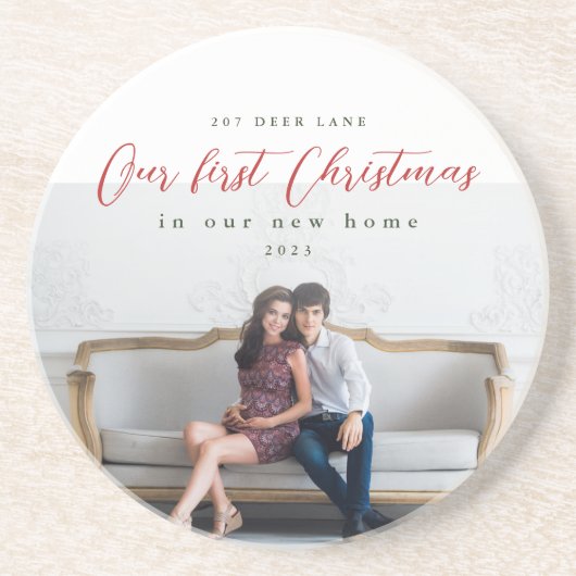 初めてのクリスマスの新しいホームアドレスの写真 コースター (正面)