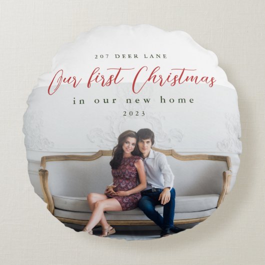 初めてのクリスマスの新しいホームアドレスの写真 ラウンドクッション (正面)