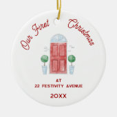 初めてのクリスマスの新しいホームウォーターカラードア セラミックオーナメント (正面)