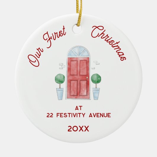 初めてのクリスマスの新しいホームウォーターカラードア セラミックオーナメント (正面)