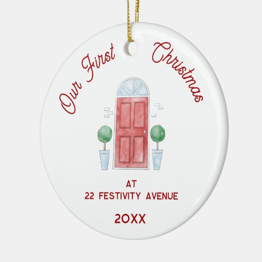 初めてのクリスマスの新しいホームウォーターカラードア セラミックオーナメント (左)