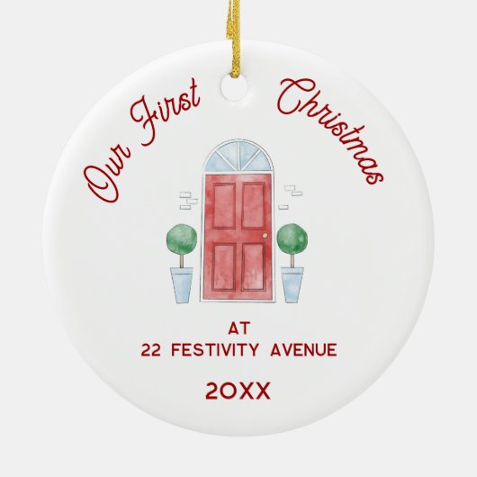 初めてのクリスマスの新しいホームウォーターカラードア セラミックオーナメント (裏面)