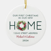 初めてのクリスマスの新しいホームウォーターカラーリース セラミックオーナメント (正面)