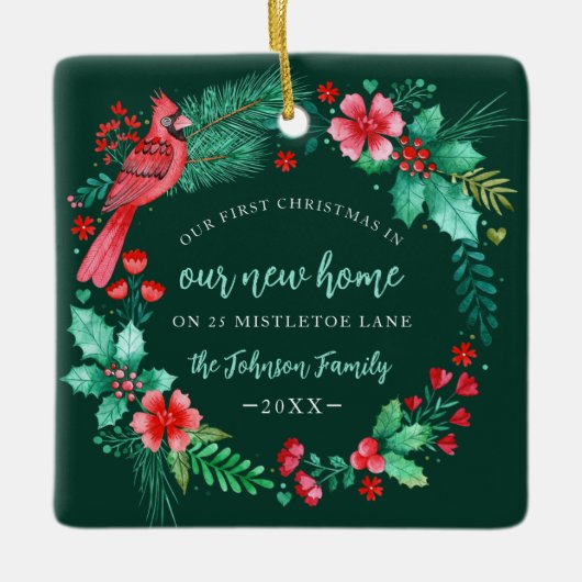 初めてのクリスマスの新しいホームウォーターカラーリース セラミックオーナメント (正面)