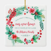 初めてのクリスマスの新しいホームウォーターカラーリース セラミックオーナメント (裏面)